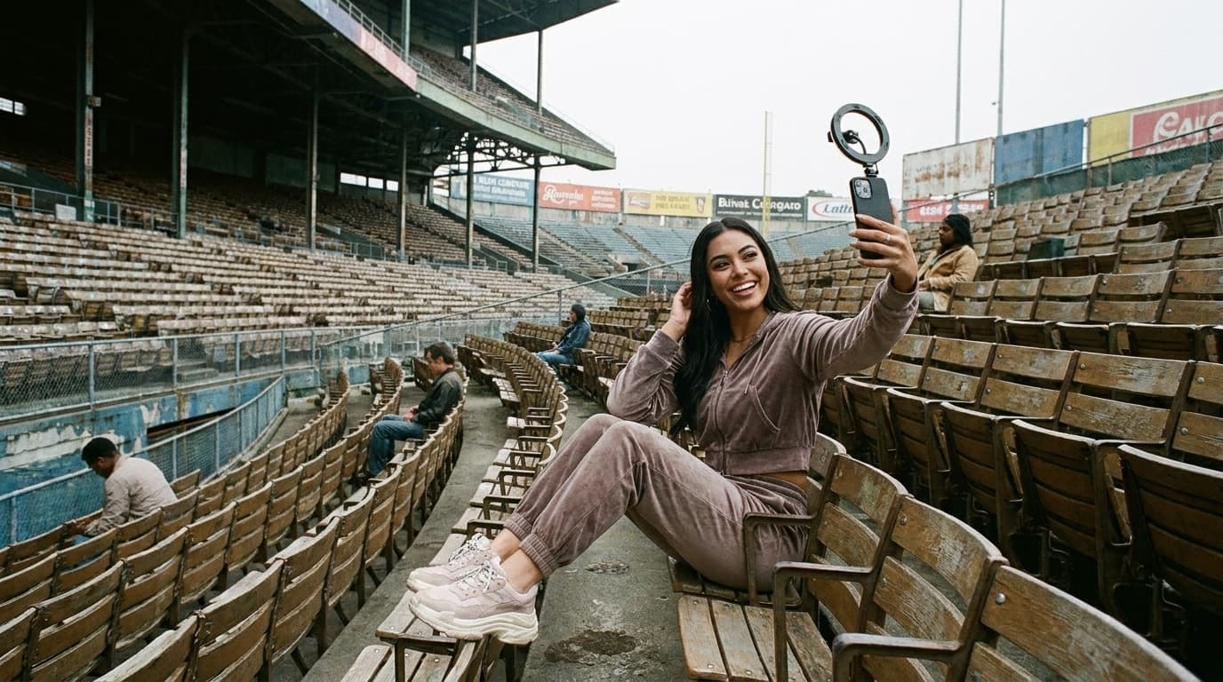 An influencer photographed mid-selfie in front of a stadium of empty seats.