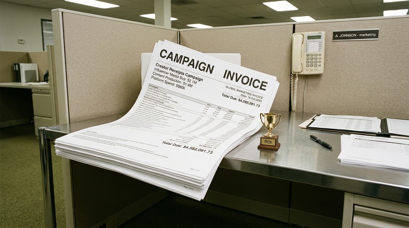 A towering multi-million-dollar 'Campaign Invoice' on an office desk beside a tiny gold trophy labeled 'ROI'.