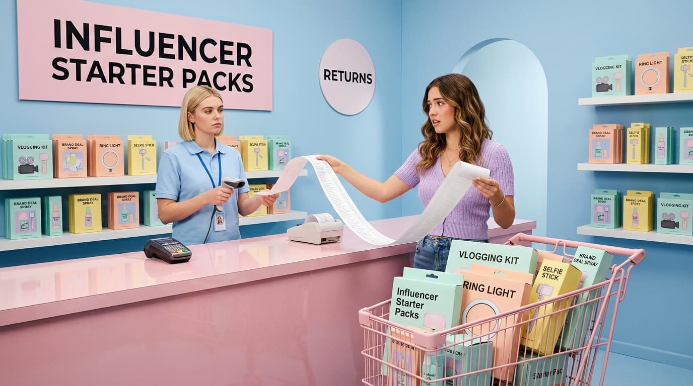A shopper returns a cart full of boxed 'Influencer Starter Packs' at a pastel returns counter with a long receipt.
