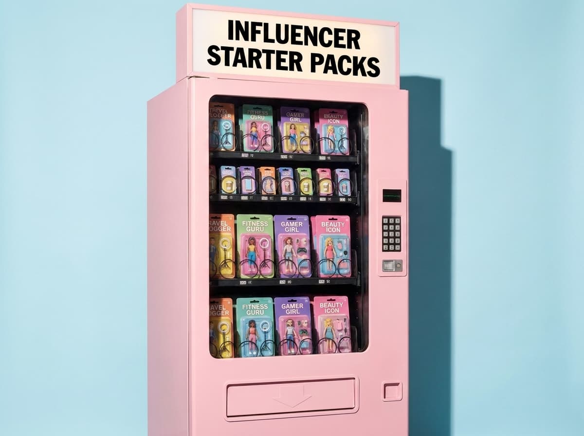 A pink 'Influencer Starter Packs' vending machine stocked with boxed creator figurines like Travel Vlogger and Beauty Icon.