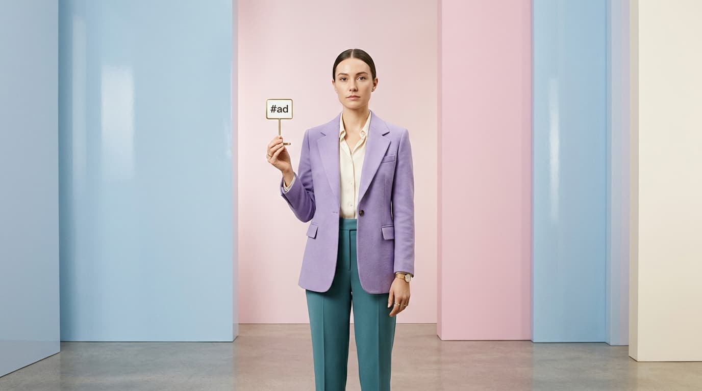 A composed marketer in a lilac blazer holds up a small '#ad' sign against pastel panels.