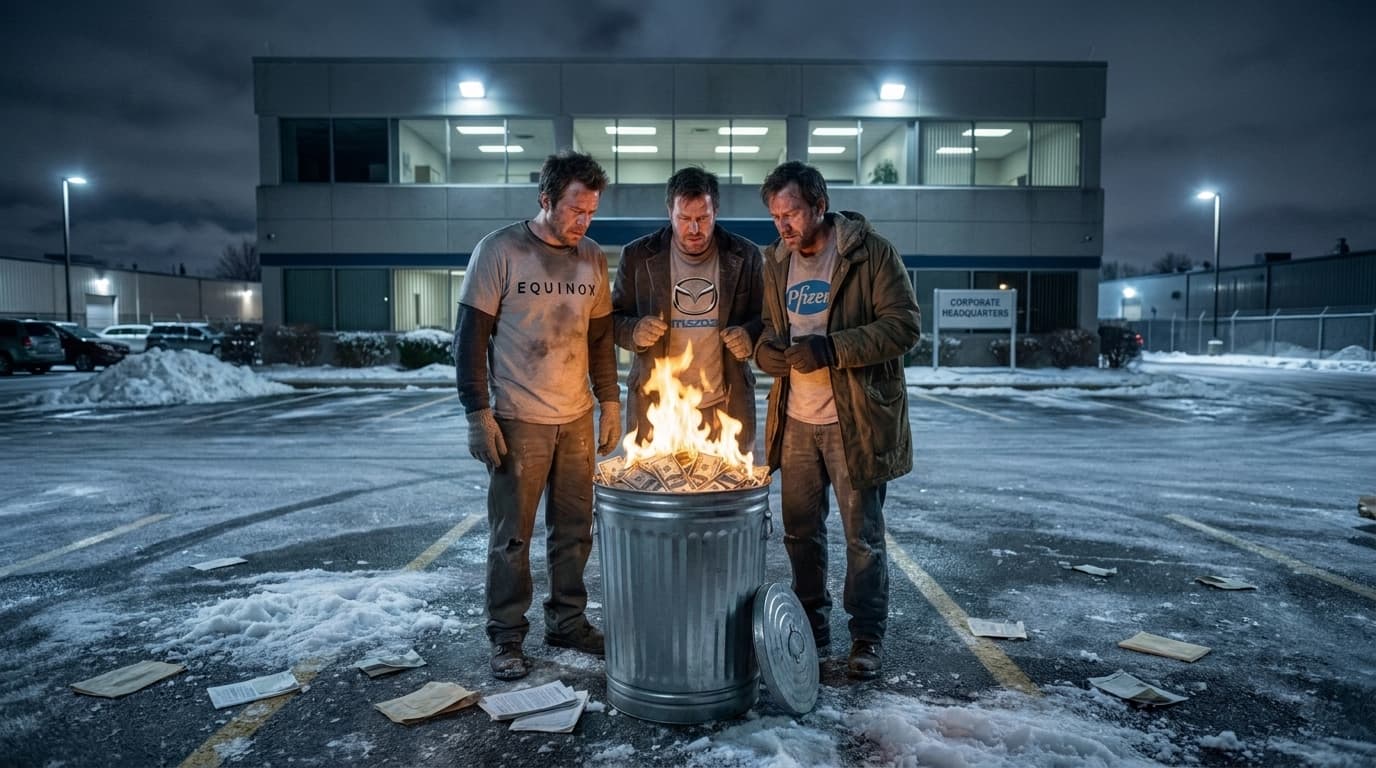Three men in branded shirts warming their hands over a burning barrel of cash in a snowy corporate parking lot at night, invoices scattered across the ground.