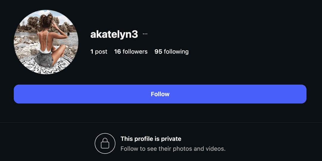Instagram profile for @akatelyn3: 1 post, 16 followers, 95 following. The profile is private.