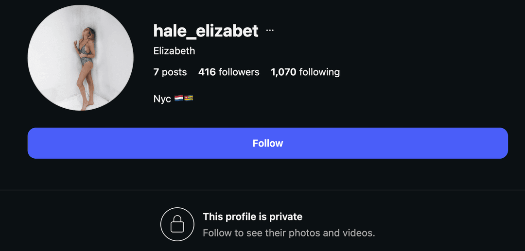 Instagram profile for @hale_elizabet: 7 posts, 416 followers, 1,070 following, bio reads Nyc. The profile is private.