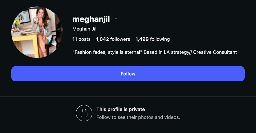 Instagram profile for @meghanjil: 11 posts, 1,042 followers, 1,499 following, bio reads 'Fashion fades, style is eternal' Based in LA strategy// Creative Consultant. The profile is private.