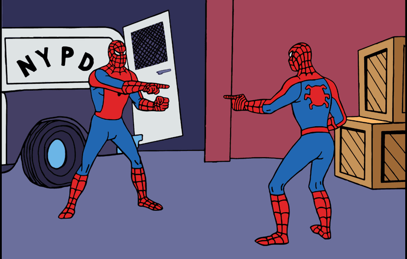The Spider-Man meme: two identical Spider-Men pointing accusingly at each other.