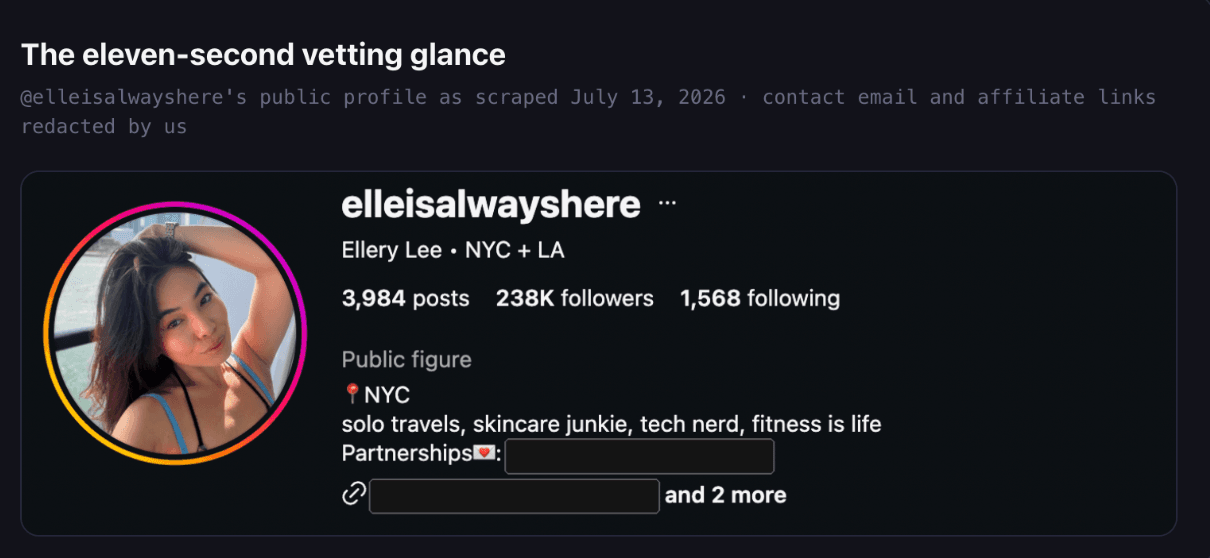 Instagram profile for @elleisalwayshere: 3,984 posts, 238K followers, 1,568 following, a Public figure label, and a partnerships email in the bio with the address and affiliate links redacted.
