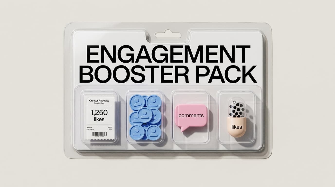 A satirical blister-pack 'Engagement Booster Pack' with compartments of fake likes, follower tokens, comments, and a capsule of black-dot likes.