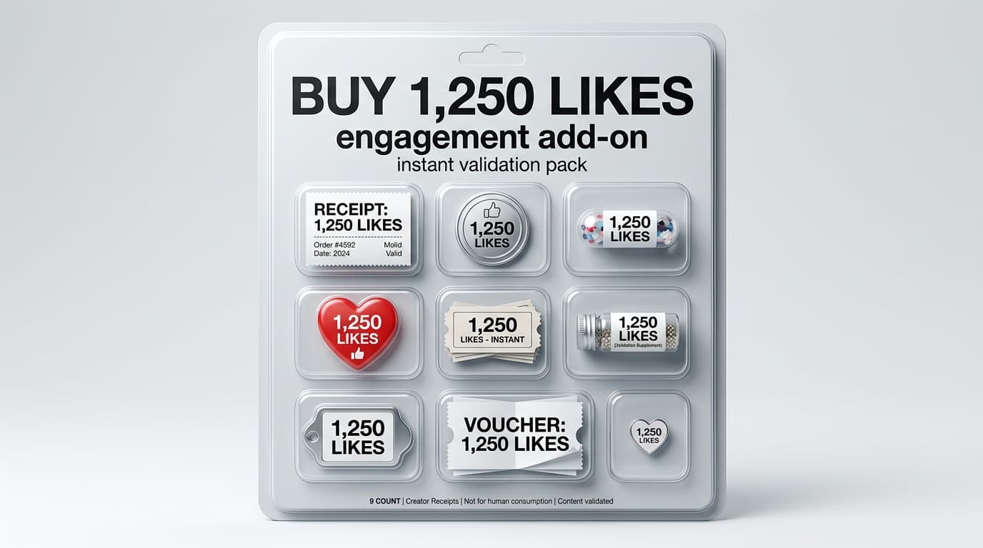 A satirical blister-pack labeled 'Buy 1,250 Likes' with nine compartments all offering the same 1,250 likes.
