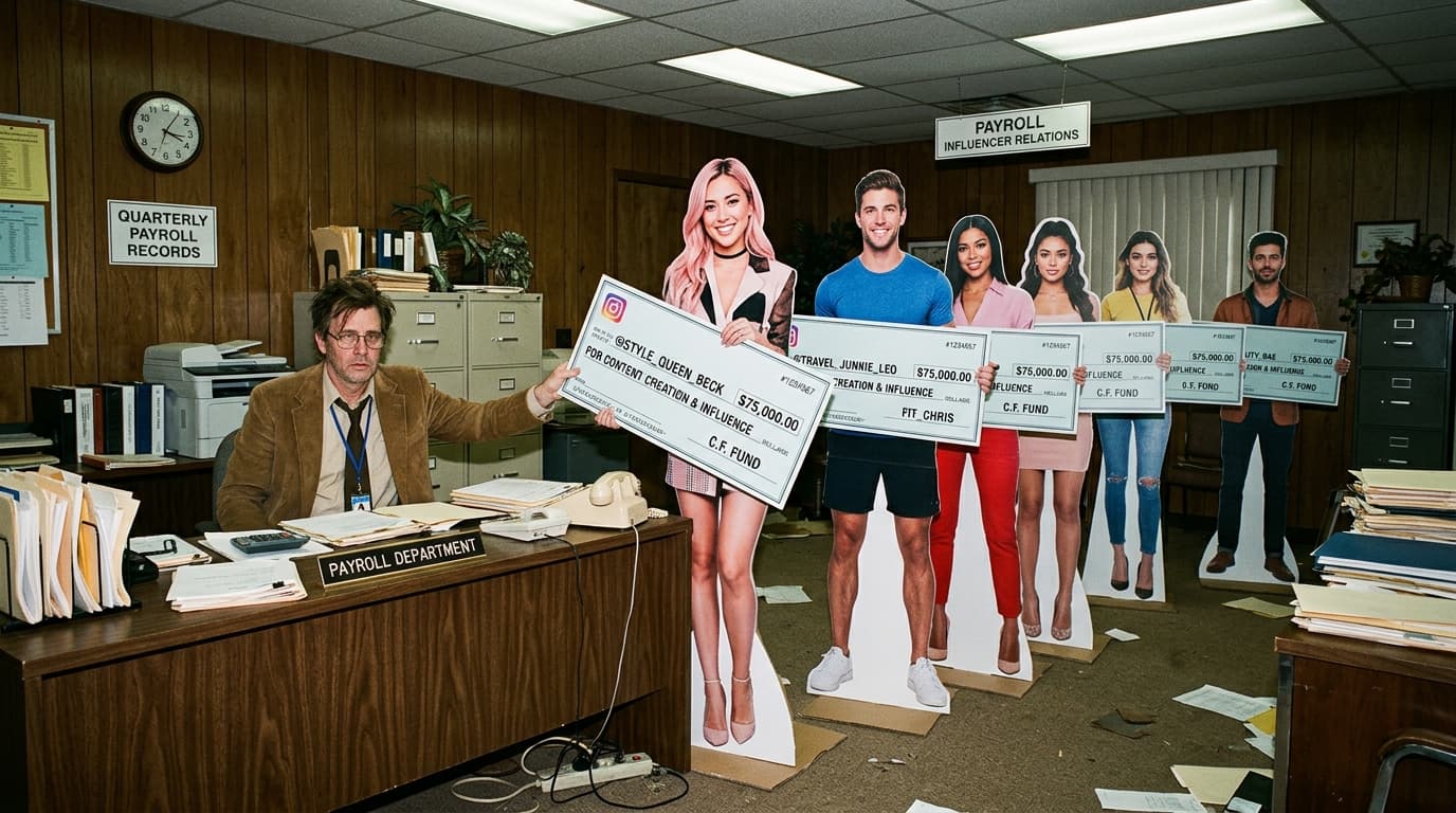 A weary payroll clerk in an 'Influencer Relations' office handing $75,000 checks to a row of cardboard-cutout influencers.