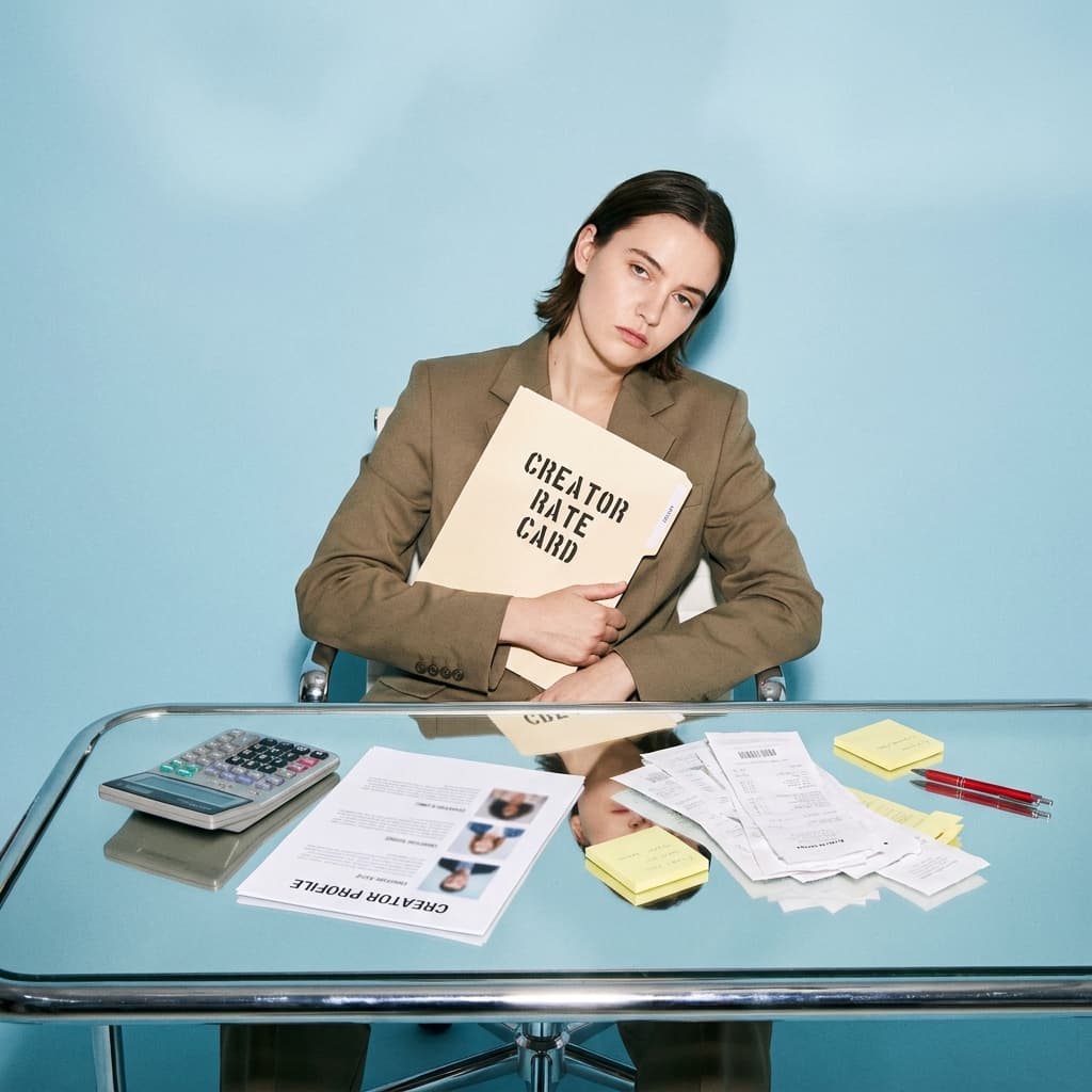 A creator in an oversized blazer clutching a 'Creator Rate Card' folder at a glass desk with a calculator and receipts.