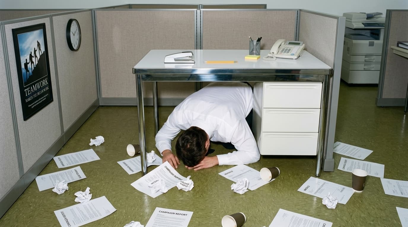 An office worker collapsed under a desk amid crumpled campaign reports and coffee cups, beneath a 'Teamwork' poster.