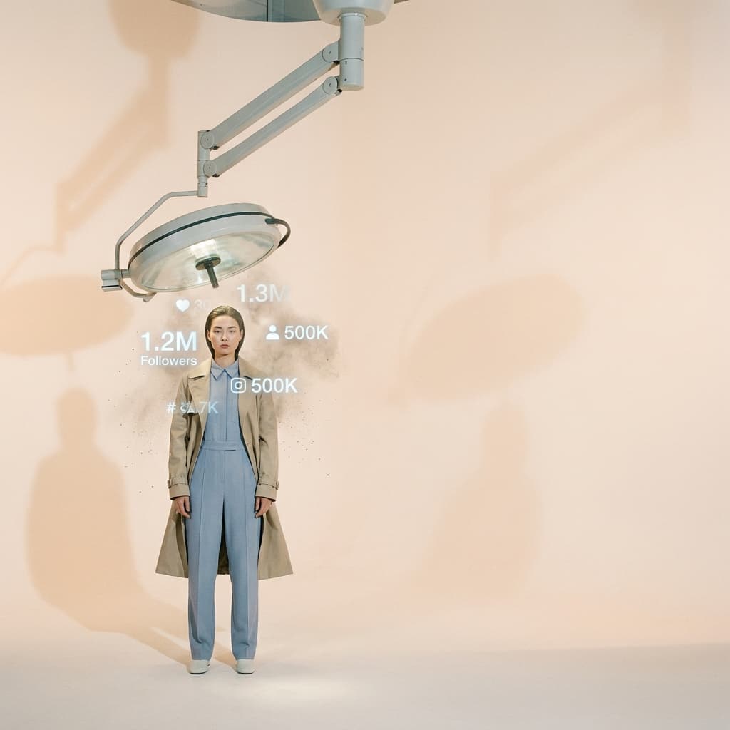 A creator stands under a surgical inspection light while follower and engagement metrics hover around them.