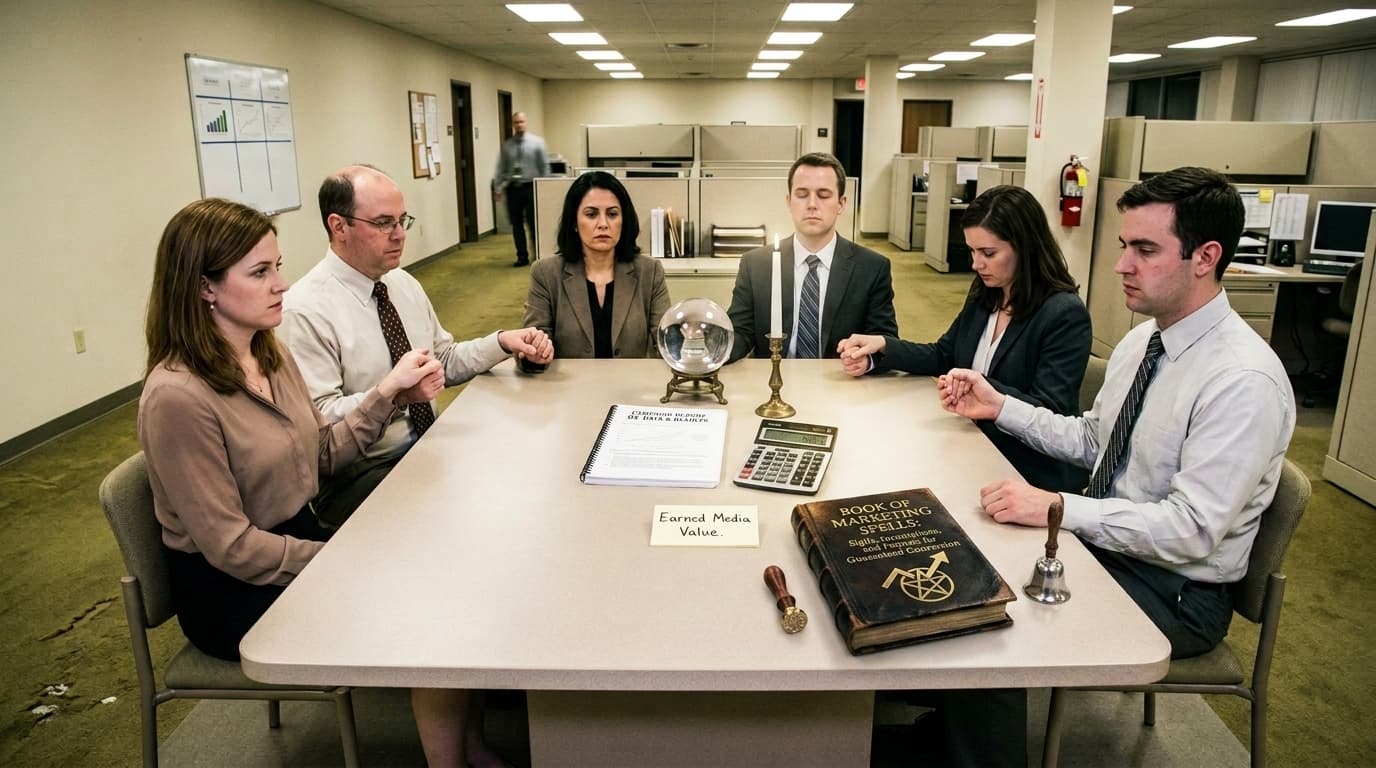 Office workers hold a séance around a crystal ball, candle, and 'Book of Marketing Spells,' with a card reading 'Earned Media Value'.
