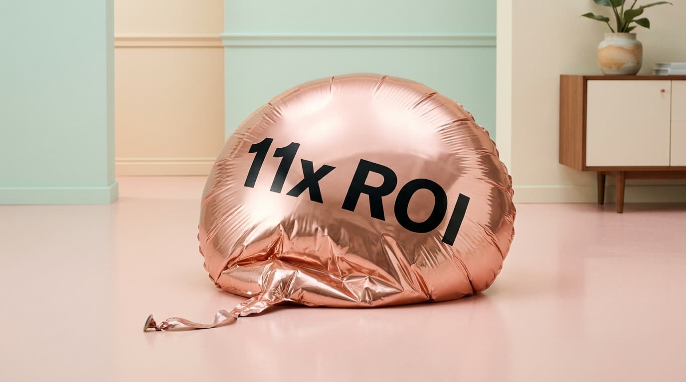 A deflated rose-gold foil balloon reading '11x ROI' collapsed on the floor of a pastel room.