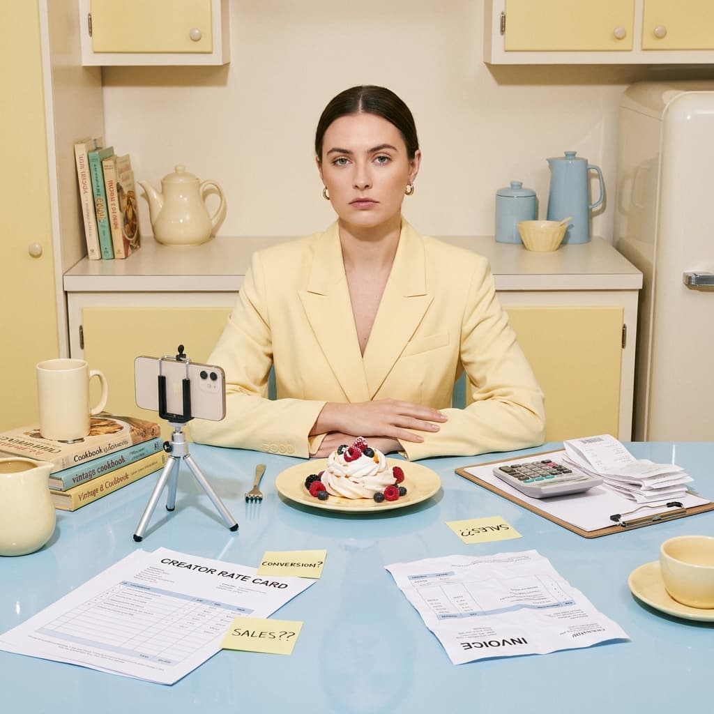 A food creator films a dessert on a phone tripod at a retro kitchen table cluttered with a creator rate card, invoice, and 'Sales??' sticky notes.